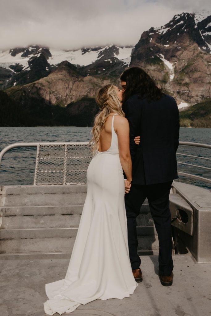 Couple on boat in Alaska for Elopement on Millers Landing 