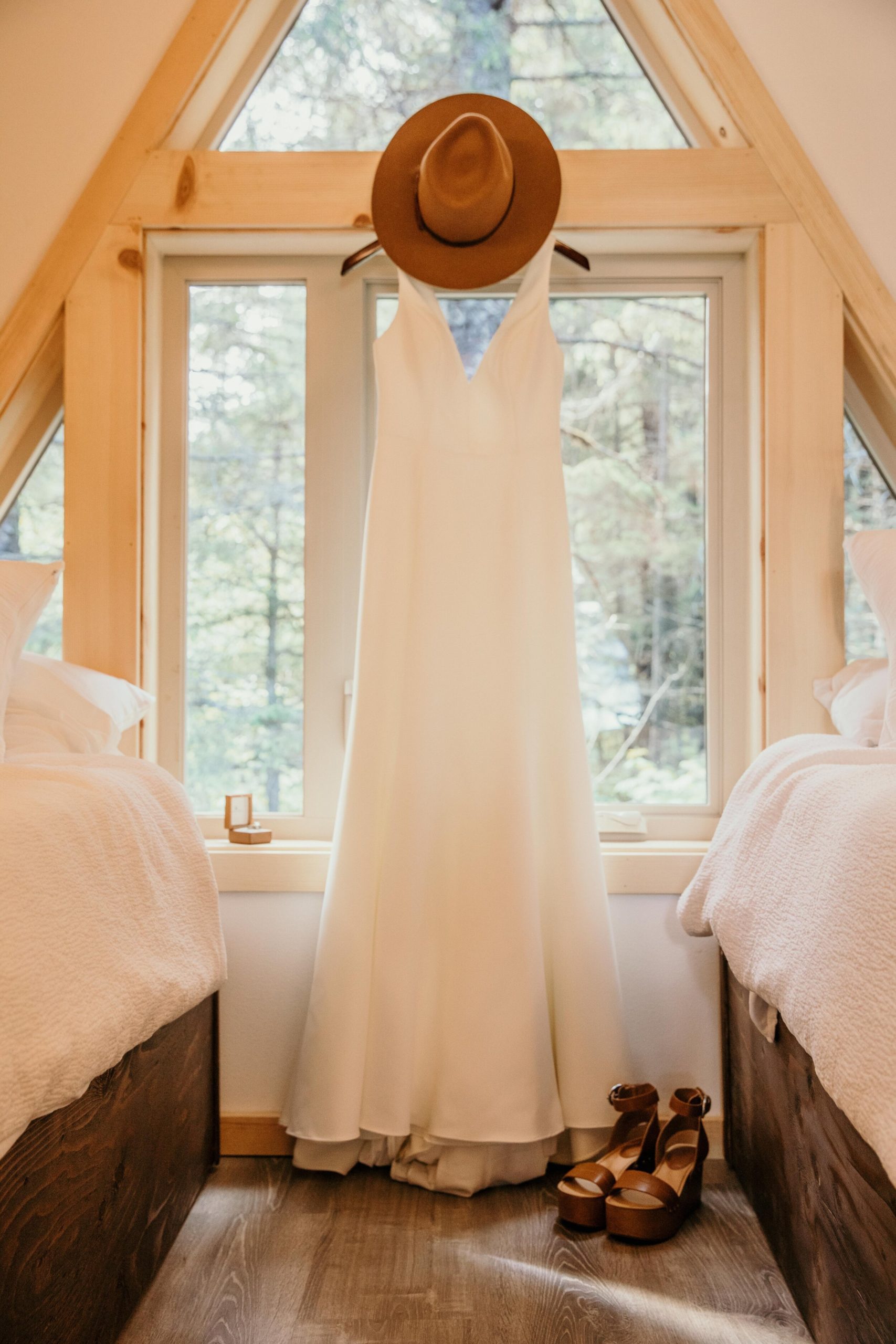 Dress hangs in Salted Roots Cabins in Seward Alaska