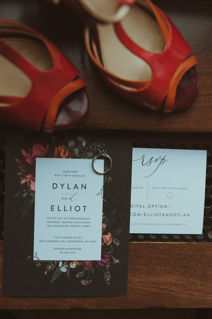 brides wedding shoes and wedding invitation