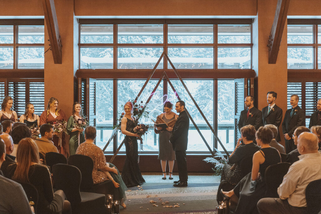 bride and groom at their winter elopement wedding ceremony 