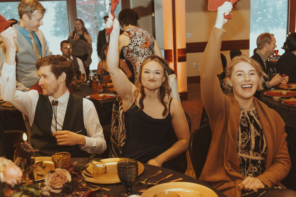 happy guests at the winter elopement reception