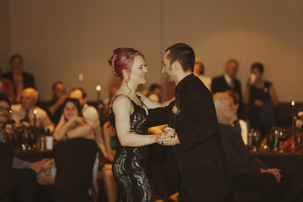 bride and groom first dance at their wedding reception