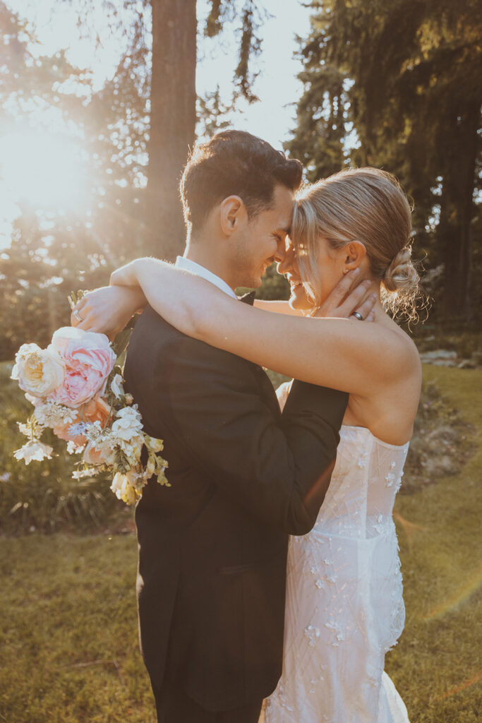 Bride and Groom at Golden Hour during Summer Wedding at Seattle's Dunn Gardens