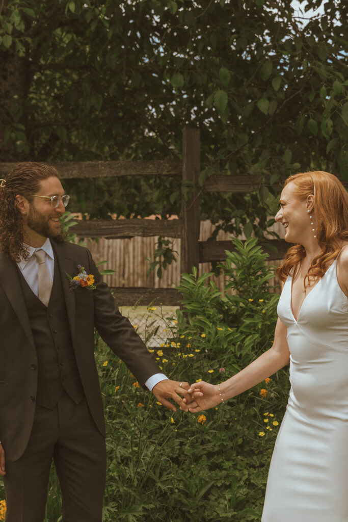 happy bride and groom during their first look