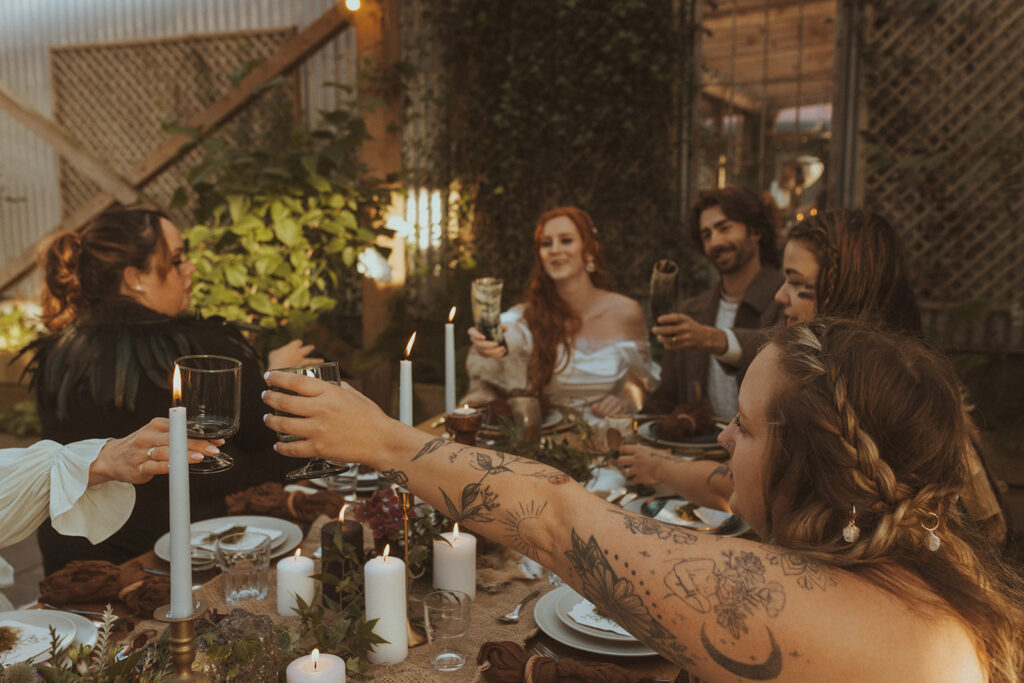 bride and groom celebrating with their friends