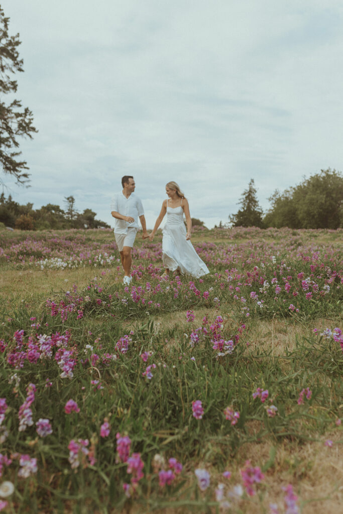 couple walking around a beautiful garden 