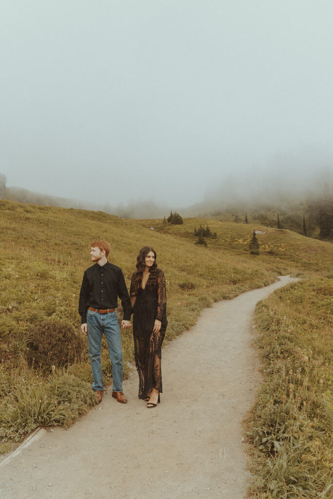 couple walking around rainier national park