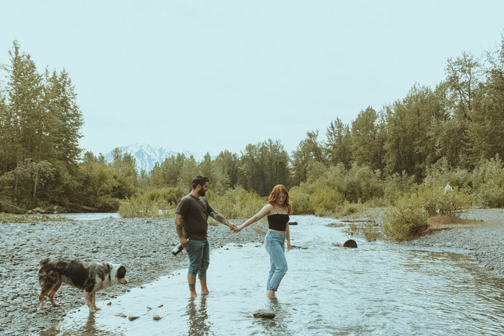 cute couple walking around their engagement location