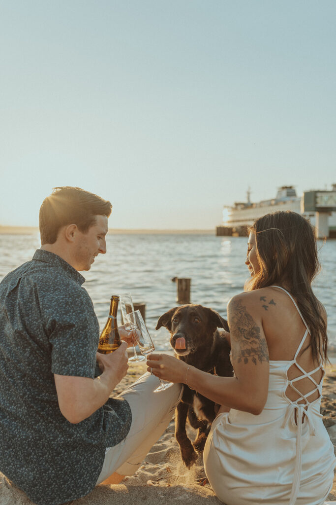 couple drinking champagne during their photoshoot