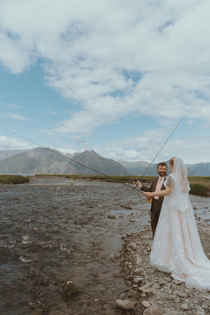 bride and groom fishing before their wedding ceremony 