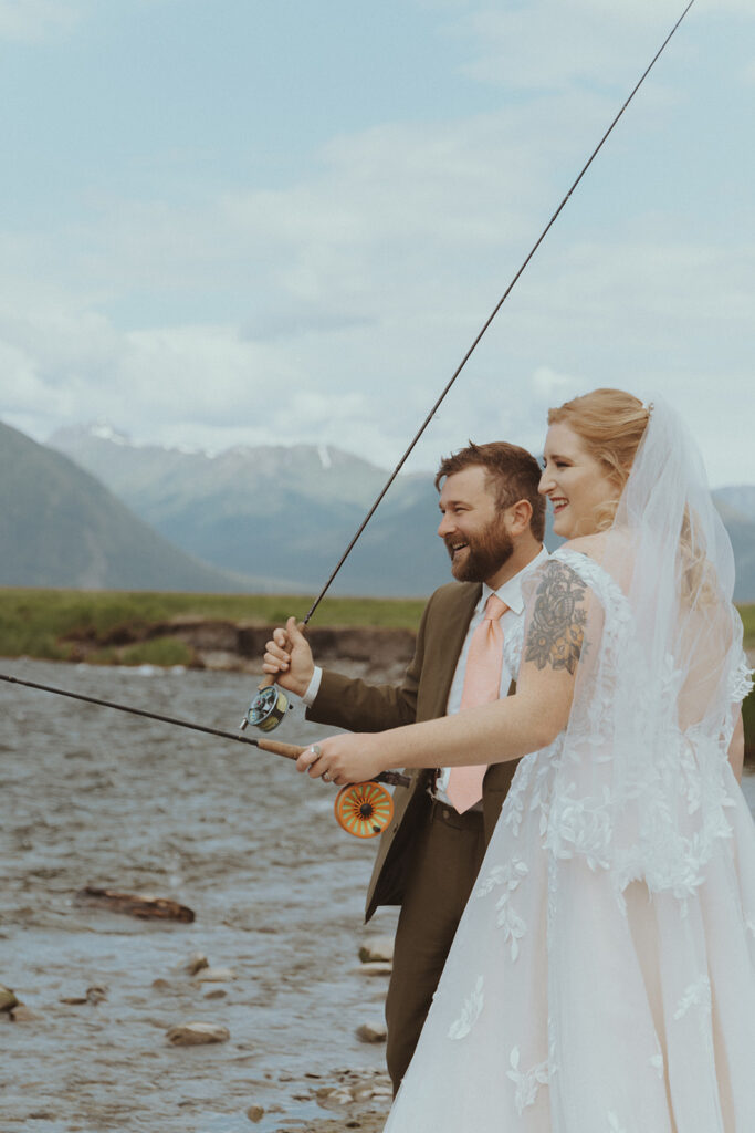 bride and groom at their adventurous wedding at creekbend cafe in alaska