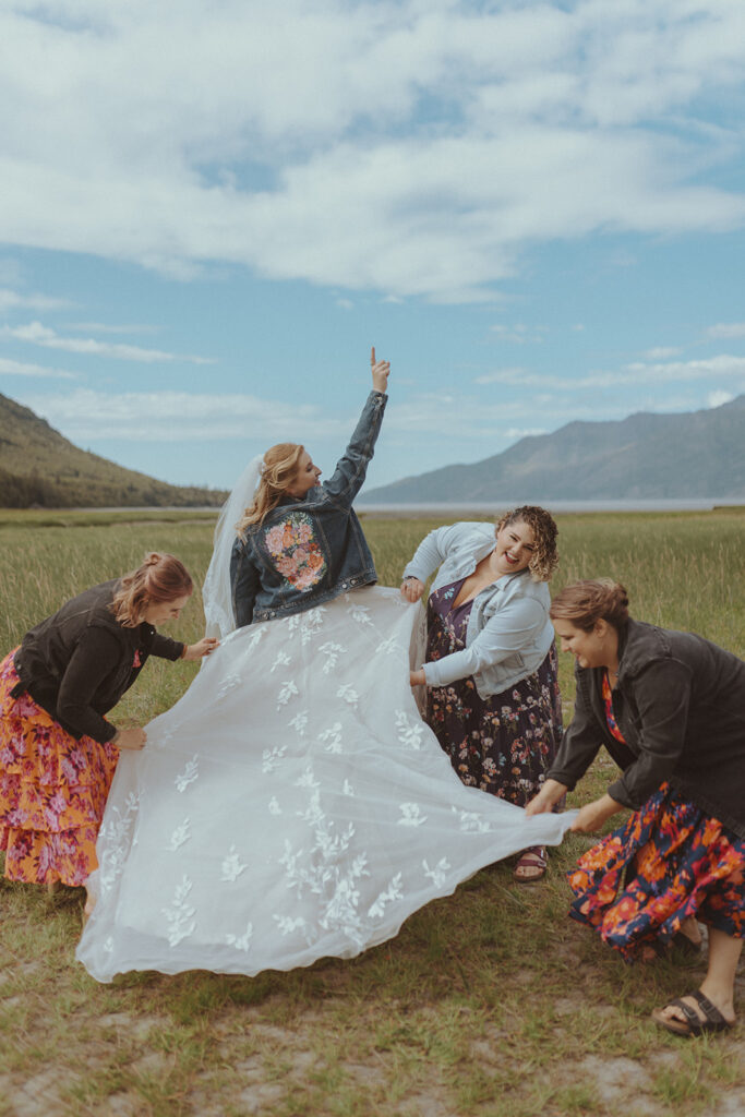 picture of the bride and her friends at creekbend cafe in alaska