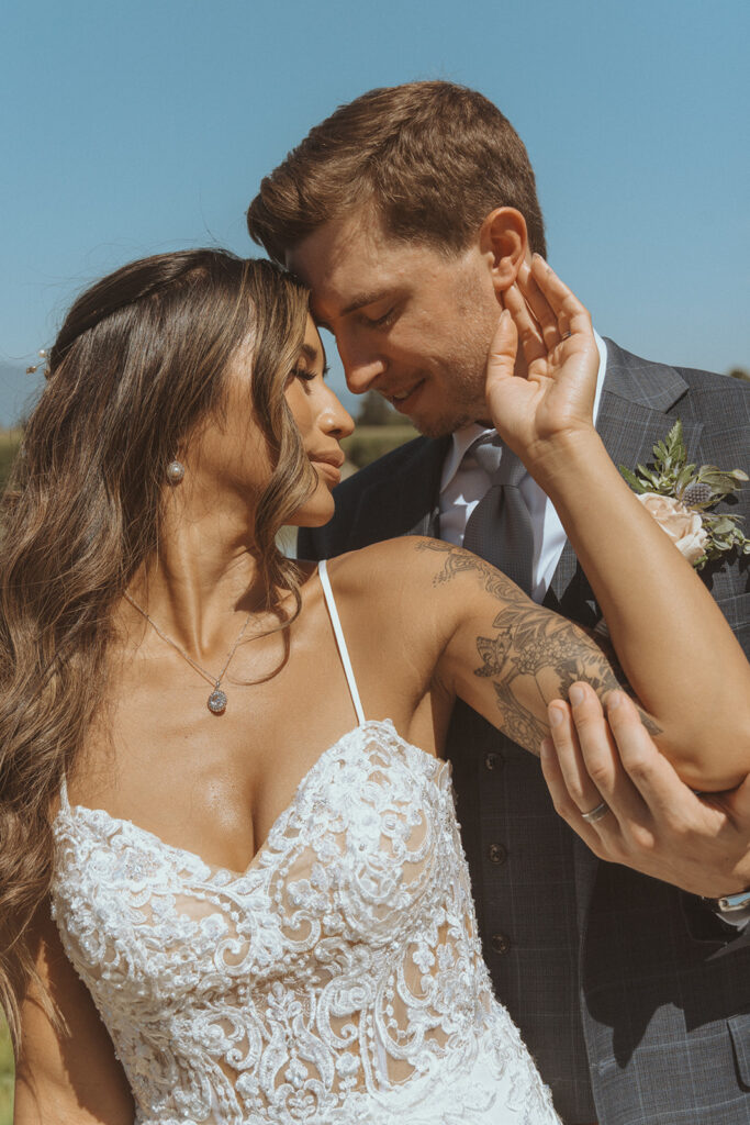 cute picture of the bride and groom looking at each other 