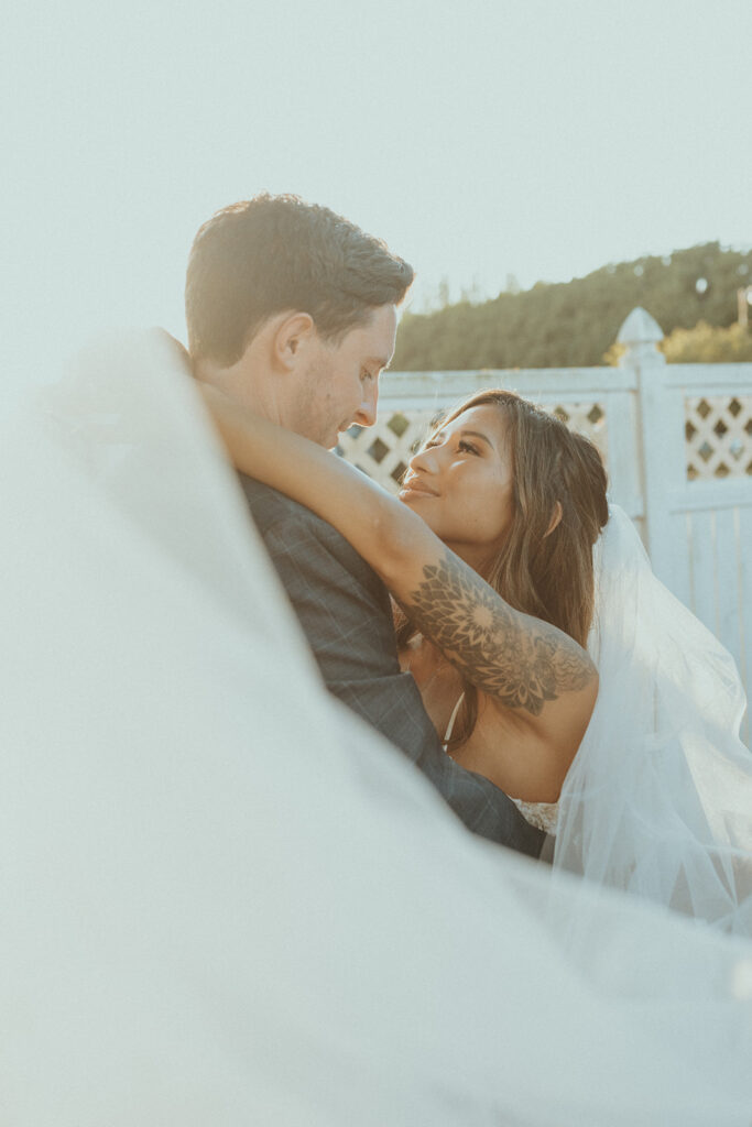 picture of the bride and groom looking at each other