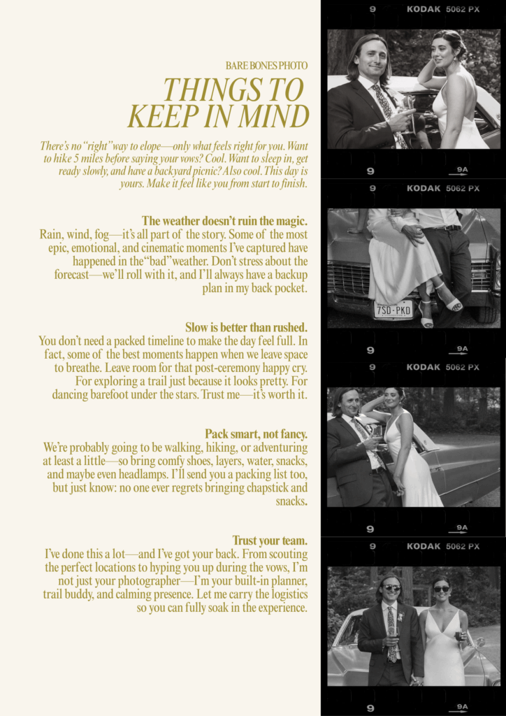 Bare Bones Photo Ultimate Elopement Guide - Things to keep in mind